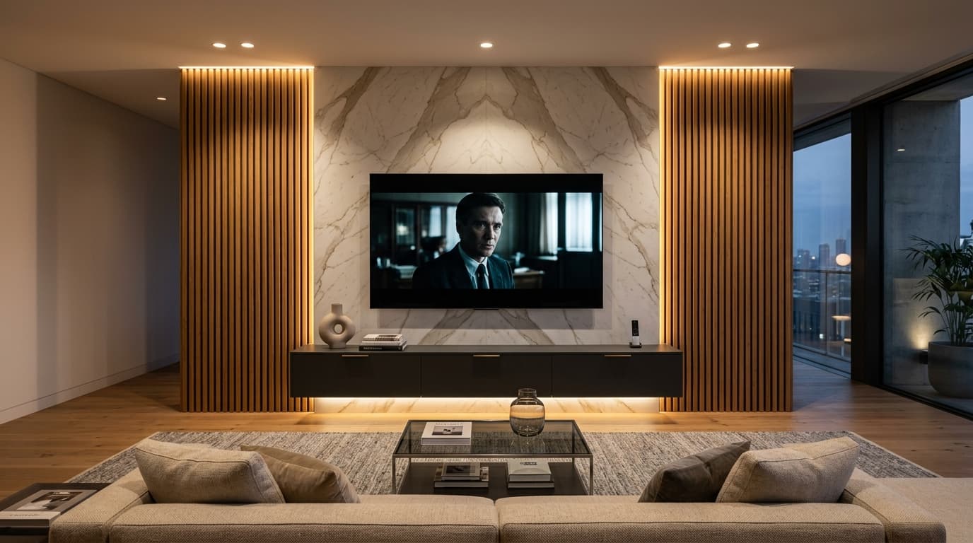 Backlit Teak Louver TV Entertainment Wall